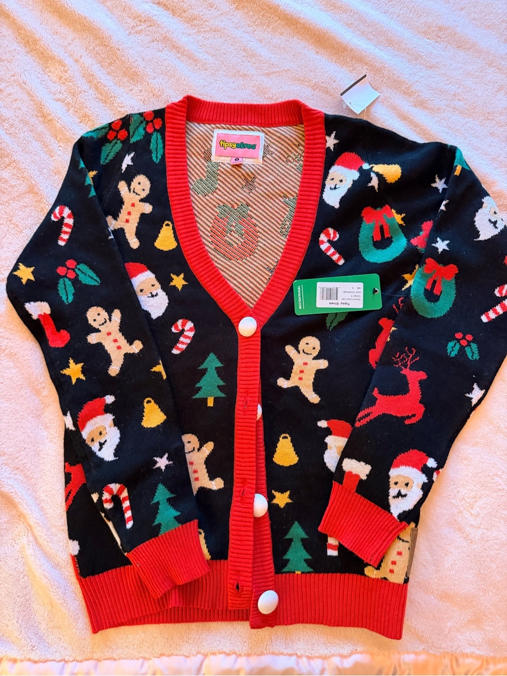 Tipsy Elves Black Holiday Cardigan with Red Trim NWT